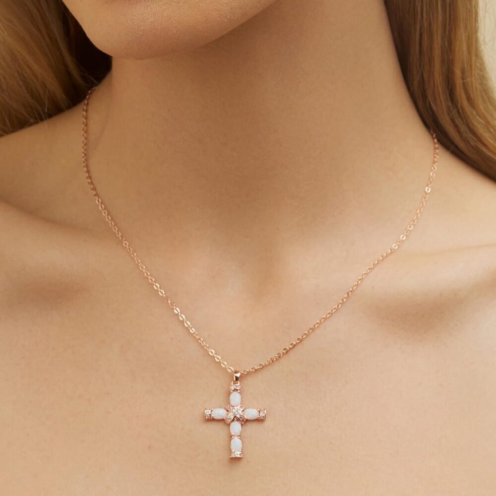 Gold Plated Opal Cross Necklace 18in with 2in Extension for Women Girls - Picture 3 of 5